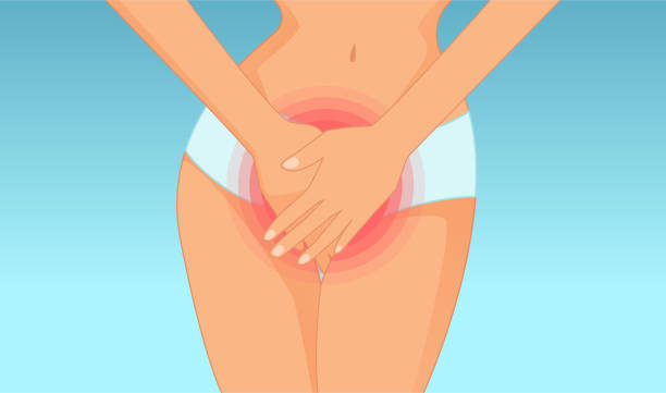 ilustrações de stock, clip art, desenhos animados e ícones de vector of a young woman with hands holding her crotch lower abdomen - sti