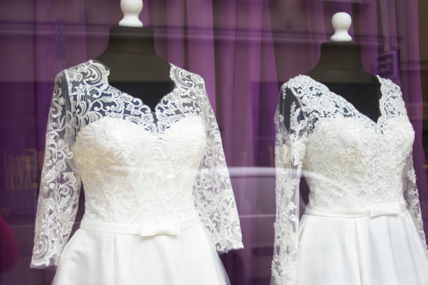 Image of bridal shop display window stock photo