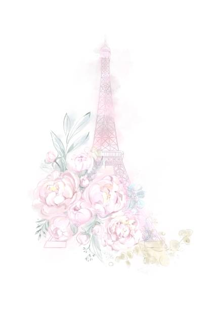 Print with Eiffel tower and watercolor peonies. For card, poster, invitation, banner, flyer Print with Eiffel tower and watercolor peonies. For card, poster, invitation, banner, flyer. Hand drawn illustration. High quality photo paris france illustrations stock illustrations