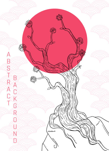 붉은 원과 간단한 빨간 비늘에 양식에 일치시키는 벚꽃 나무가있는 추상적 인 그림 - color image colored background tree branch stock illustrations