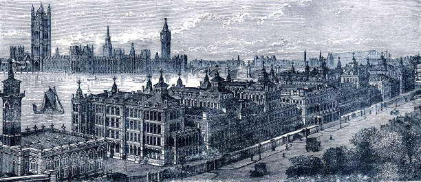 템스 강과 국회의사당이 내려다보이는 세인트 토마스 병원, 런던 - london england old fashioned england old stock illustrations