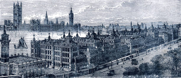 bildbanksillustrationer, clip art samt tecknat material och ikoner med st thomas hospital overlooking river thames and houses of parliament, london - 1800 talet
