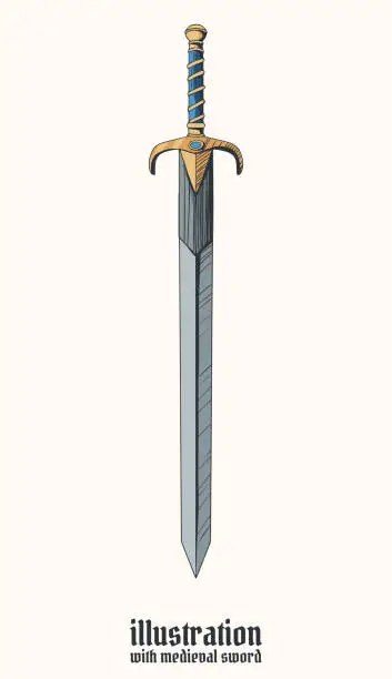 Vector illustration of medieval colored sword with bold border in cartoon style