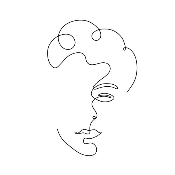 Curly-haired silhouette.  Line Art. Curly-haired silhouette. One line drawing of a face. Good for poster, wall art, print, cover design, spa. face outline stock illustrations