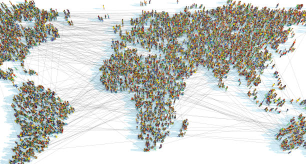 un mapamundi formado por miles de personas conectadas - ilustración 3d - negocio global fotografías e imágenes de stock