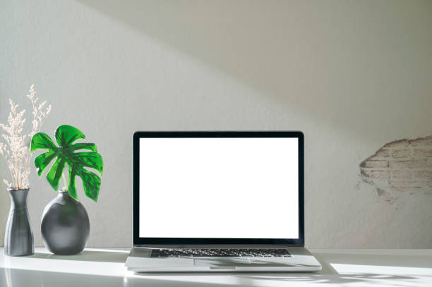 istock Blank screen laptop computer and houseplant on white table with old brick wall. 1334087000