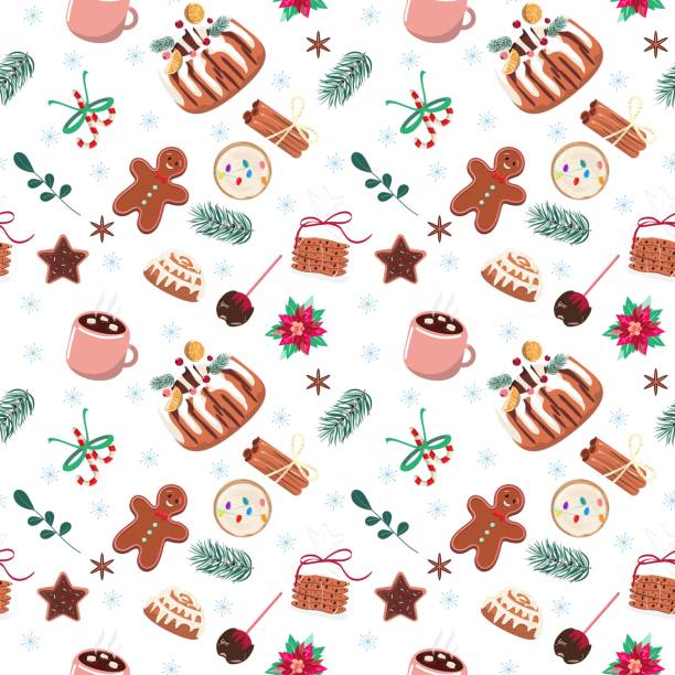 süßes winterbacken nahtloses muster mit kuchen, lebkuchenmann, zuckerstange und cooikies. hintergrund des winterbackens. - christmas holiday vacations candy cane stock-grafiken, -clipart, -cartoons und -symbole