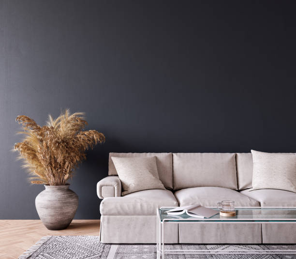 istock Modern interior design with black mock up wall and dry plants decoration 1334089588