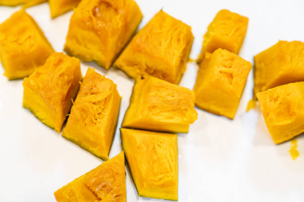 A photo of a cut pumpkin. Image during cooking.