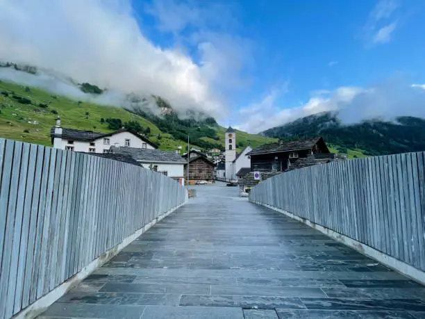 Stonebridge in Vals going to the village center, Graubunden, Switzerland