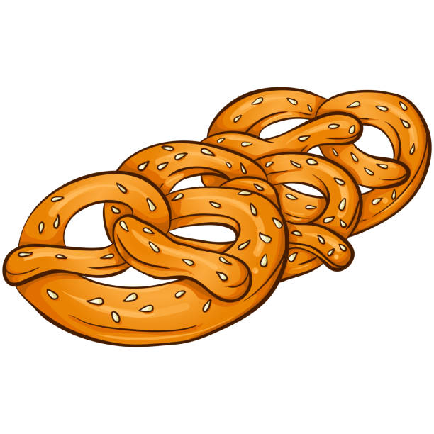 ilustraciones, imágenes clip art, dibujos animados e iconos de stock de tres pretzels con sésamo - pretzel sesame vector snack