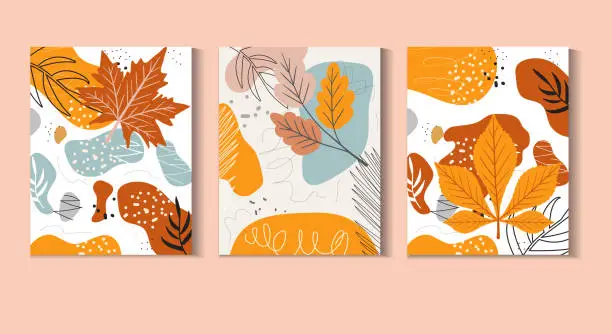 Vector illustration of Autumn Abstract poster set in modern hipster style.Trendy contemporary art with autumn leaves. Vector illustration.