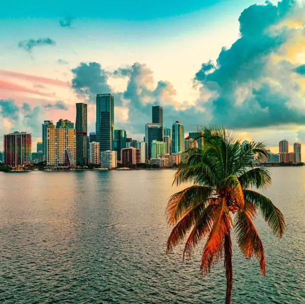 city skyline at sunrise Miami Florida Brickell in Miami, Florida, United States