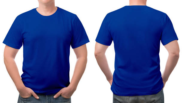 крупным планом синяя футболка хлопчатобумажного человека с рисунком выделена на белый. - letter t фотографии стоковые фото и изображения