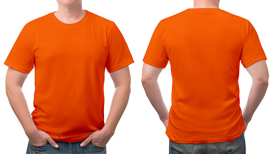 close up orange t-shirt cotton man pattern isolated on white background.