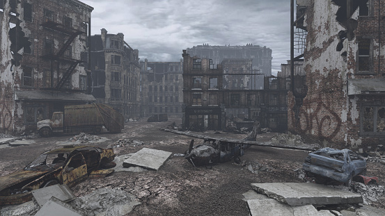view of a destroyed post apocalyptic city, 3d illustration