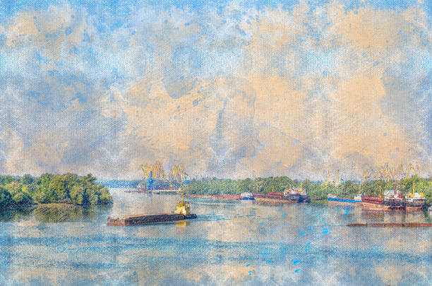 Seaport on the Danube River with ships, gantry cranes, barges, tugboats. Cargo operations on loading, unloading of ships with various cargo. Logistics, transport industry background. Digital art.