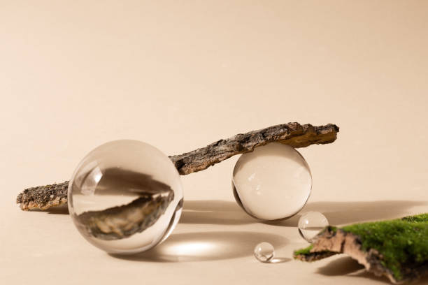 istock Astract backdrop with glass spheres and bark tree and moss podiums 1334105995