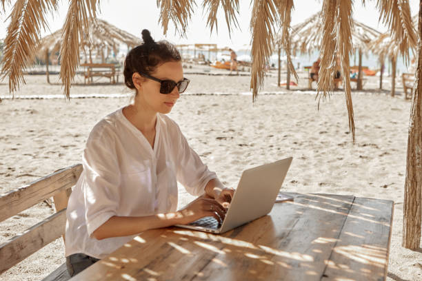 istock Young woman using laptop computer on a beach. Freelance work concept.Pretty young woman using laptop in cafe on tropical beach in outdoor cafe. Work and travel 1334108052