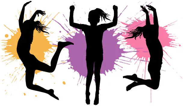 Vector illustration of Silhouette of jumping girls children on background of splash blot. Vector illustration