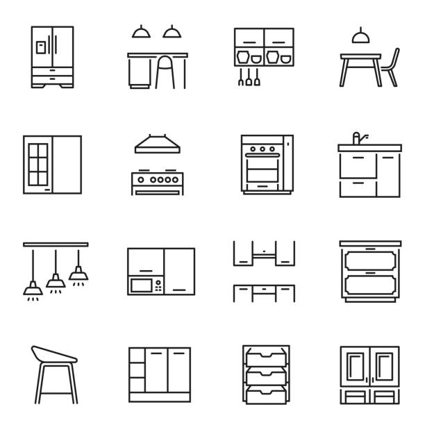 Collection of linear kitchen furniture icon vector illustration comfortable home cuisine furnishing Collection of linear simple kitchen furniture icon vector illustration. Set of line art monochrome modern comfortable home cuisine furnishing isolated on white. Household appliances interior kitchen worktop stock illustrations