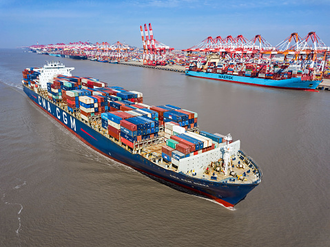A CMA-CGM container ship leaves Shanghai Yangshan Deep-Water Port