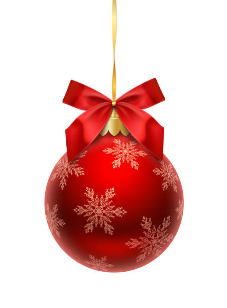 weihnachtsball mit schneeflocken und rotschleife - weihnachtskugeln stock-grafiken, -clipart, -cartoons und -symbole