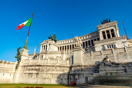 Rome, Italy - July 31, 2021: National Monument to Vittorio Emanuele II or Vittoriano, called Altare della Patria, is an Italian national monument located in Rome, in Piazza Venezia.