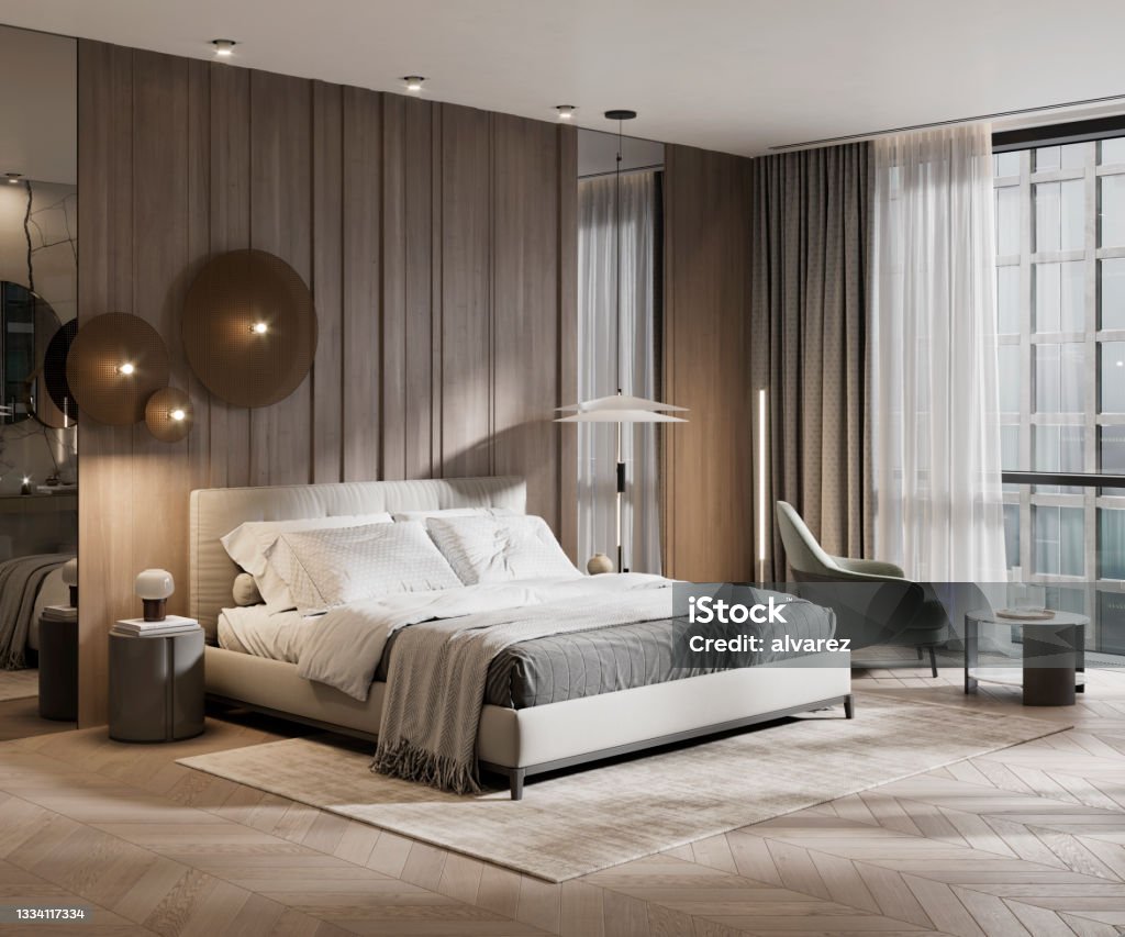 Digital render of large hotel suite bedroom 3D rendering of large bedroom in hotel suite. Computer generated image of a luxurious and elegant bedroom interior. Bedroom Stock Photo