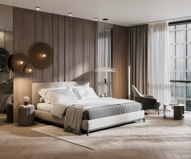 digital render of large hotel suite bedroom - contemporary bed luxury hotel room imagens e fotografias de stock