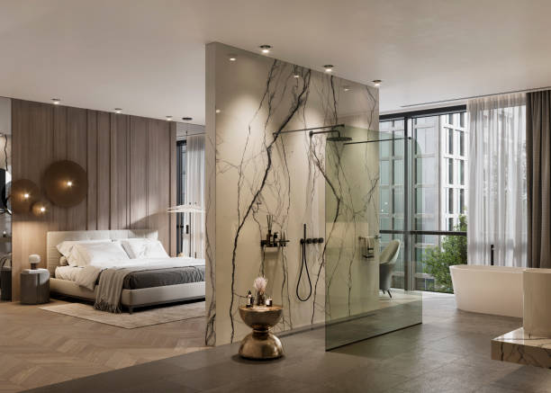luxurious interior of a five star hotel room in a digital image - hotel suite imagens e fotografias de stock