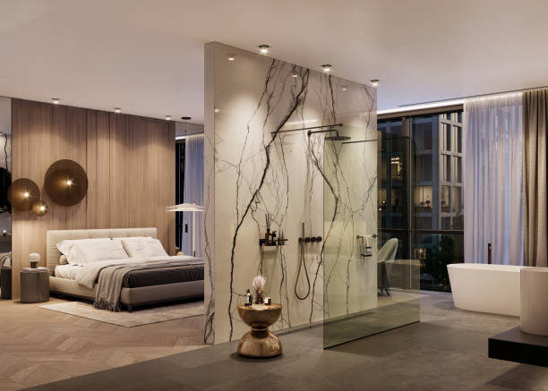 3d rendering of a hotel suite with bathroom