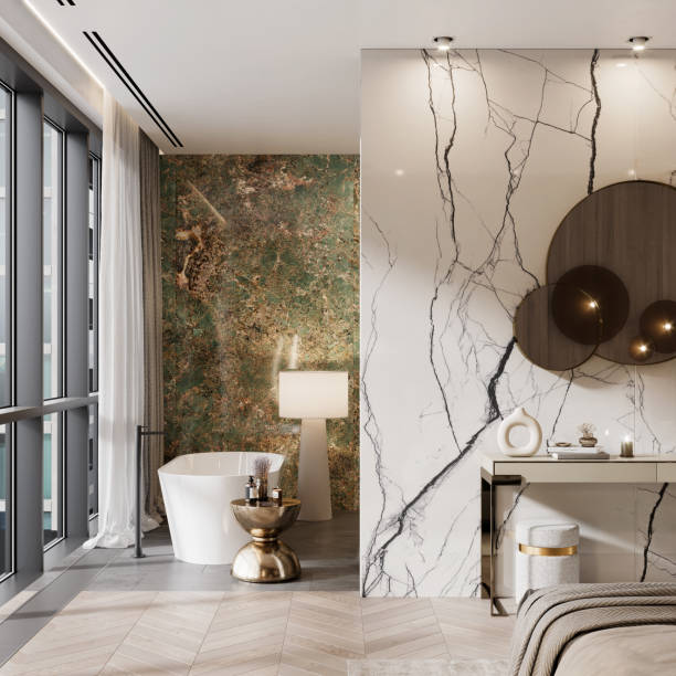 Computer image of luxurious and elegant bathroom interiors in a hotel room