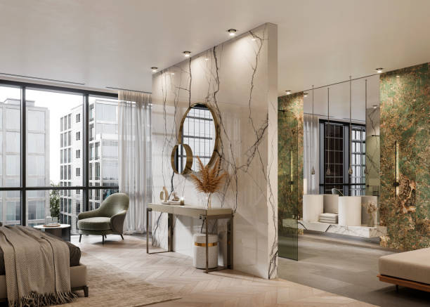 istock Interior of a hotel suite with a bathroom in 3D render 1334117449