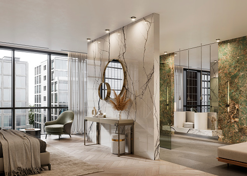 Interior of a hotel suite with a bathroom in 3D render. Digitally generated image of a luxurious interior of a five-star hotel room.