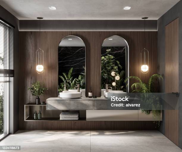 3d Rendering Nice Tone Bathroom Design Stock Photo - Download Image Now - Bathroom, Luxury, Interior Designer