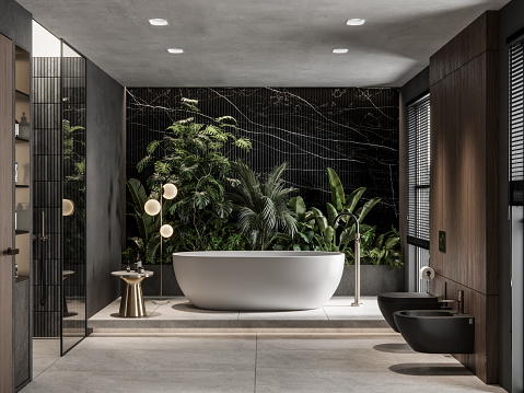 Imagen generada por ordenador del interior del baño en 3d con planta de interior photo