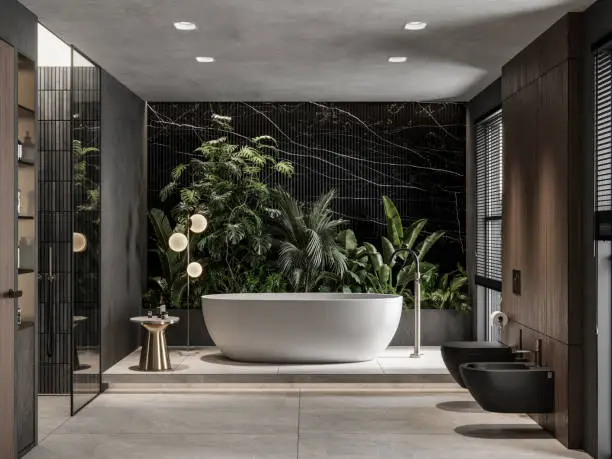 Computer generated image of a domestic bathroom interior with toilet and bathtub. Interior of the bathroom in 3d with houseplants.