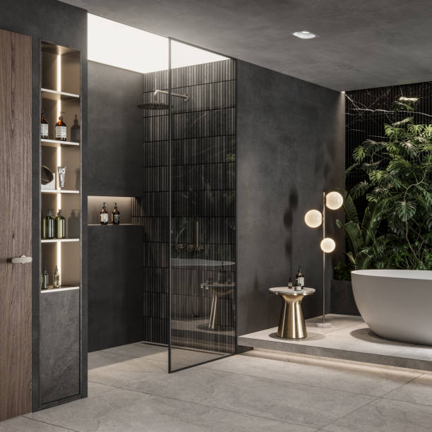 interior of a luxurious bathroom with shower area and bathtub - showcase interior imagens e fotografias de stock