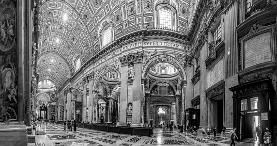 Rome, Italy - August 2, 2021: Inside the St Peter's basilica in the city of Vatican, Rome, Italy.
