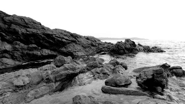 istock Black and White Landscape Coastal with Rocks and Ocean Sky Background 1334121508