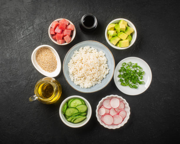 Traditional Hawaiian Poke Bowl prepared with Tuna Fish stock photo