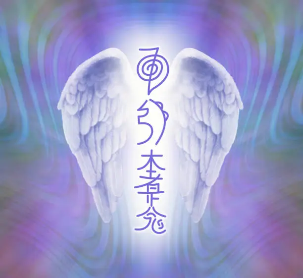 A pair of Angel wings with the three main Reiki Symbols  between on a flowing lilac green pink energy background