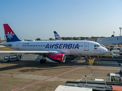 Belgrade, Serbia- July 29,2021: A airplane of Air Serbia staying at the airport.