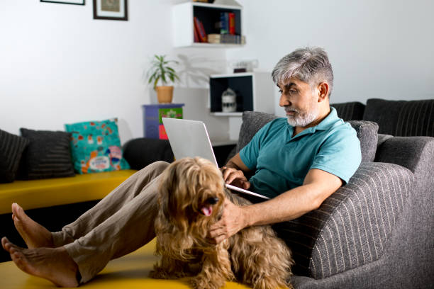 man using laptop and stroking his pet dog at home - multi tasking asian and indian ethnicities asian ethnicity lifestyles imagens e fotografias de stock