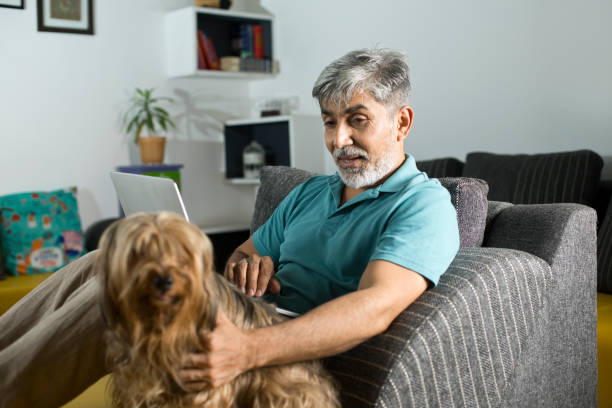 man using laptop and stroking his pet dog at home - multi tasking asian and indian ethnicities asian ethnicity lifestyles imagens e fotografias de stock