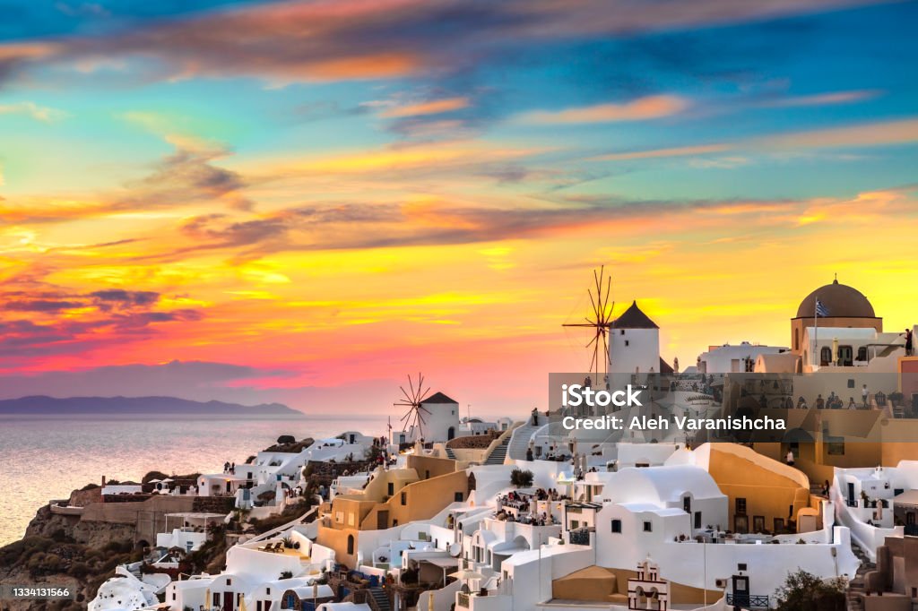 View of Oia the most beautiful village of Santorini island View of Oia the most beautiful village of Santorini island in Greece. Mykonos Stock Photo