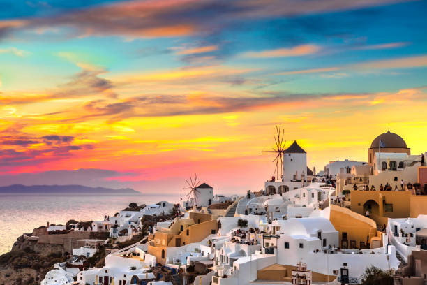 View of Oia the most beautiful village of Santorini island stock photo