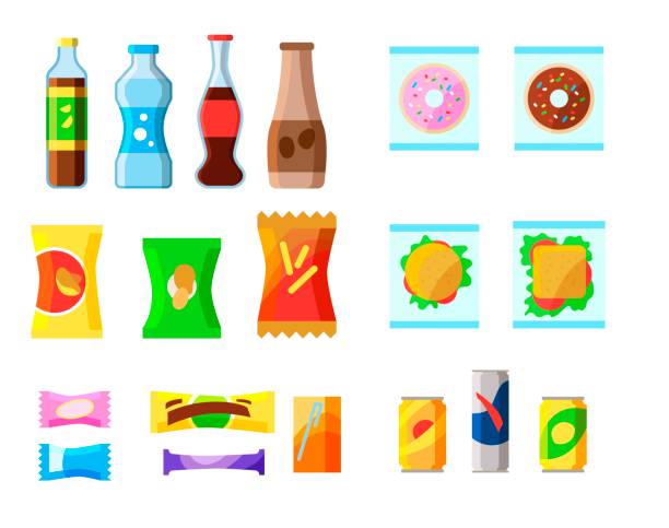 ilustrações de stock, clip art, desenhos animados e ícones de set of colorful junk food packages - cookie chocolate chip chocolate chip cookie cartoon