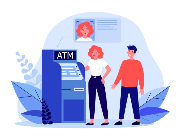 Man standing behind woman using ATM machine Man standing behind woman using ATM machine. Facial recognition system scanning female face flat vector illustration. Technology, finances, banking concept for banner, website design or landing page facial recognition woman stock illustrations